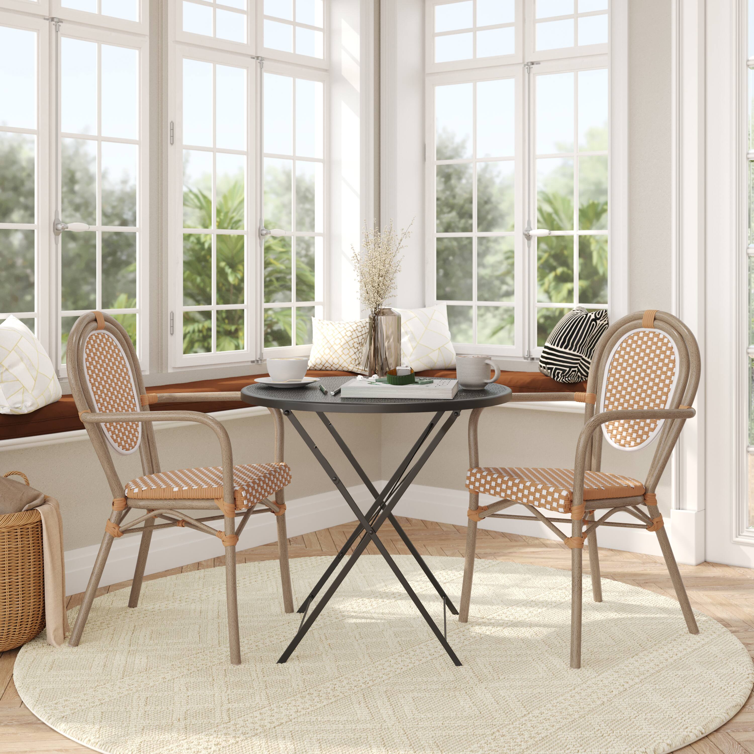 Alt View 2. Flash Furniture - 2 Pack Lourdes Indoor/Outdoor Commercial Thonet Bistro Stack Chair with Arms, Natural/White PE Rattan and Bamboo Aluminu - White.