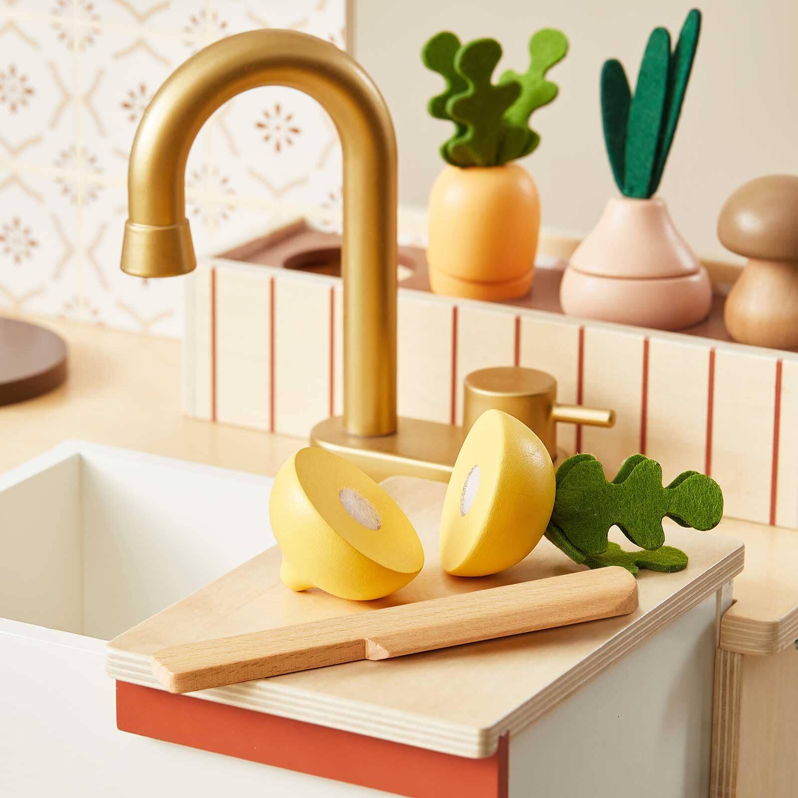 Alt View 2. Tiny Land - Kids Wooden Play Kitchen Set, Toddler Pretend Kitchen with Cutting Food, Cookware, Faucet and Storage, Ages 3-7 - Warm Retro.