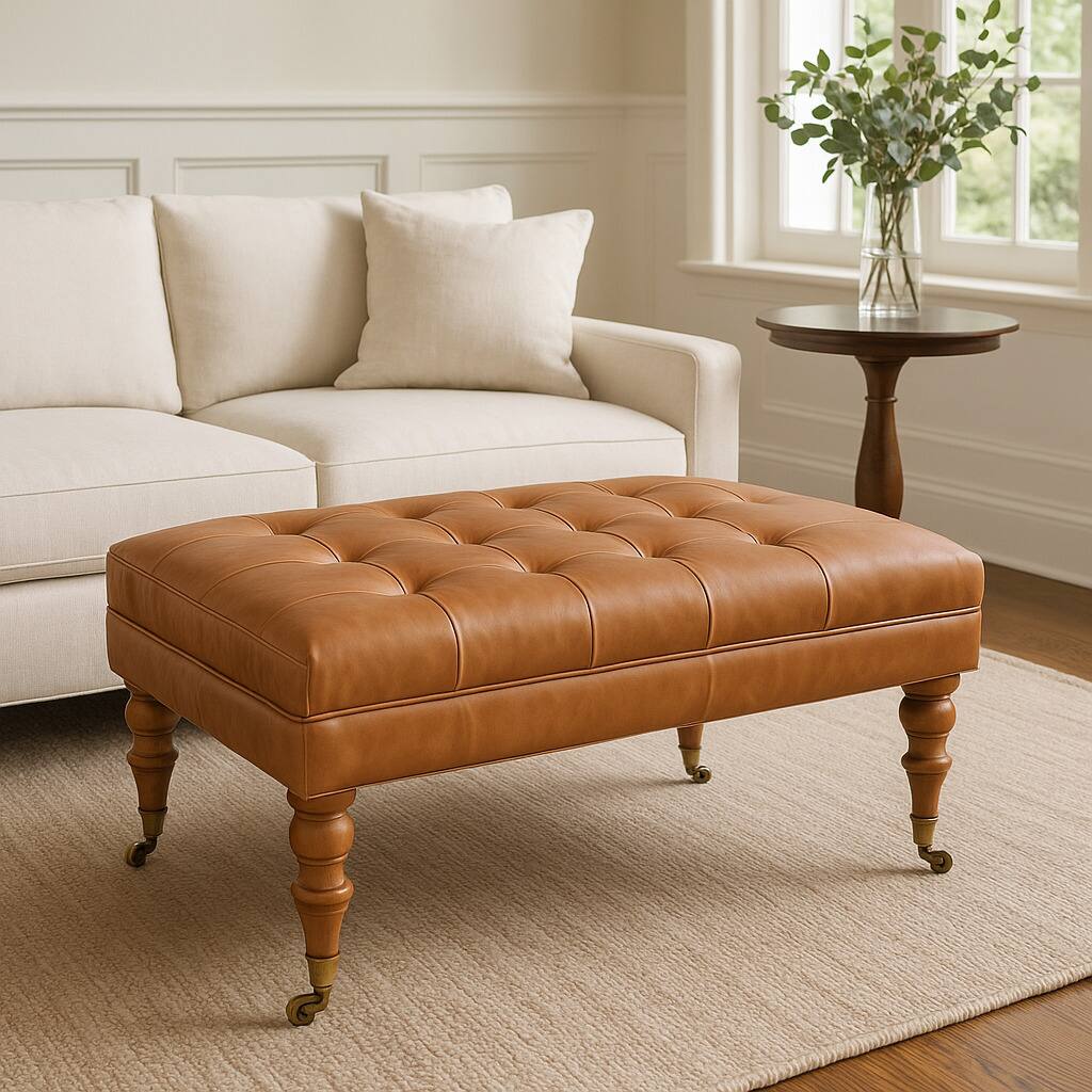 Angle. Artisan Furniture - Artisan Furniture Solid Wood Buffalo Tan Leather Ottoman with Castor Legs, Upholstered, Brown - Brown.