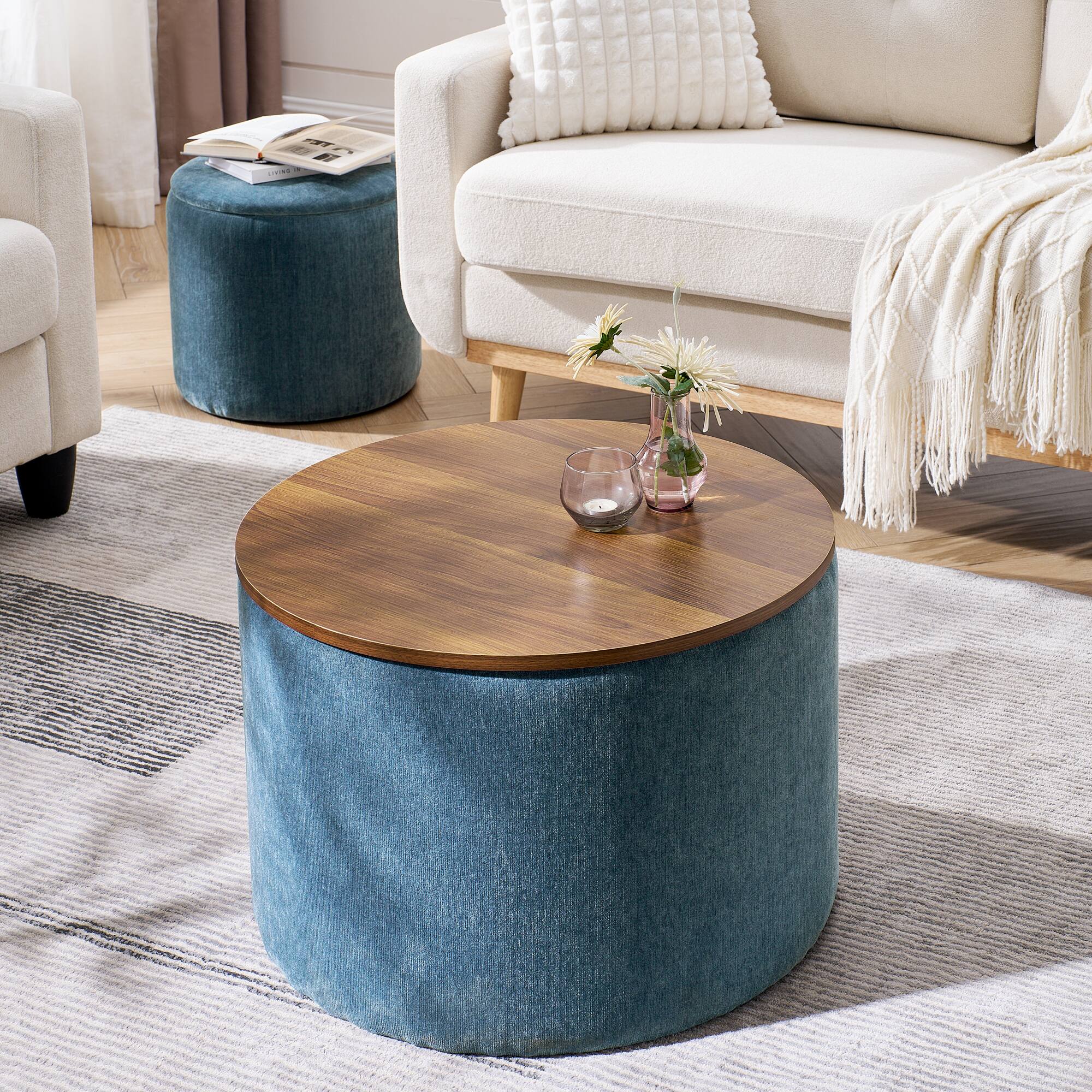 Left. GOODSILO - 2-Piece Round Storage Ottoman Set with Hidden Storage and Detachable Stool, Classic Design for Living Room and Bedroom - Dark Blue.