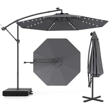 Front. Costway - Patio 10FT Hanging Offset Umbrella 32 LED Lights Sand Bag Outdoor Cross Base - Dark Gray.
