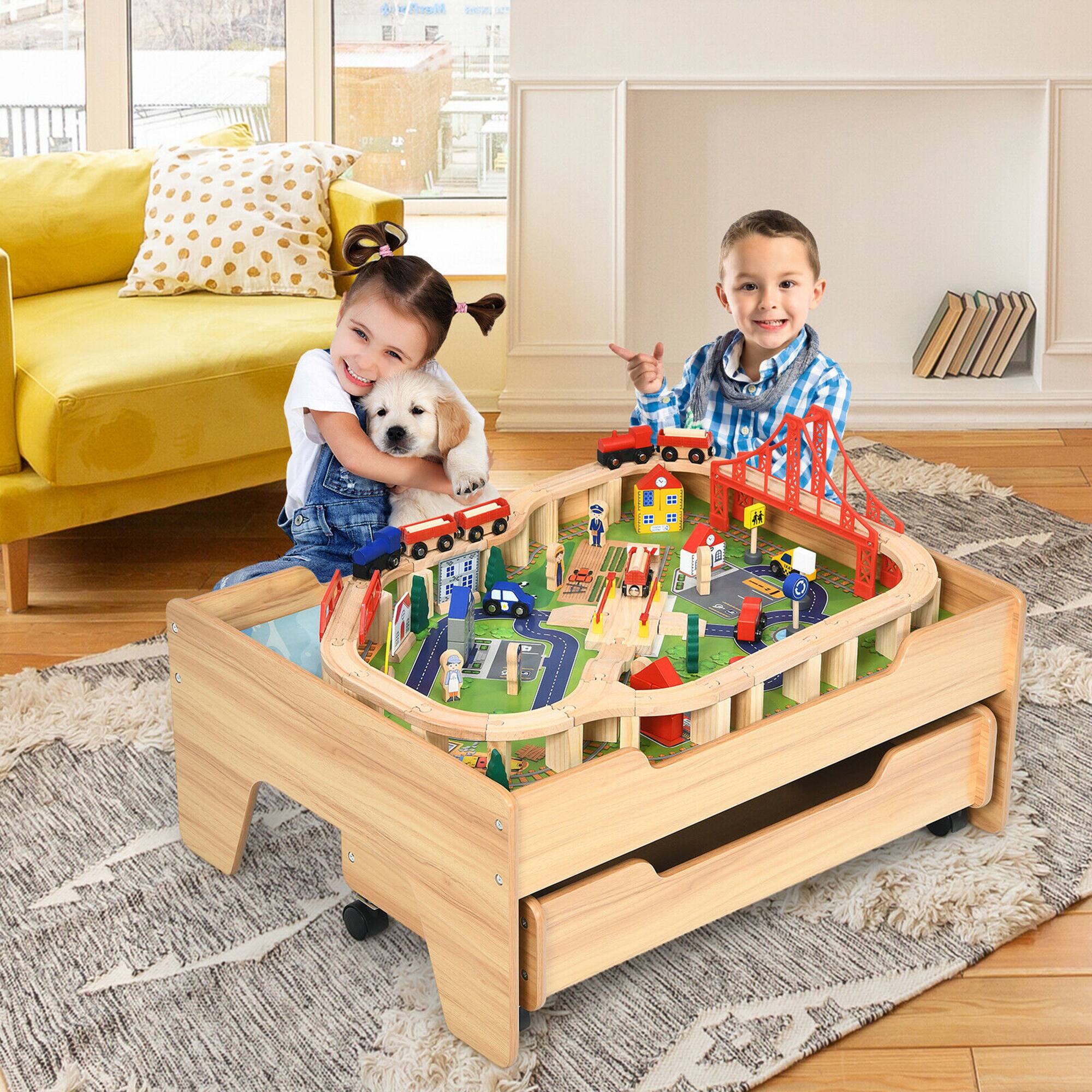 Alt View 3. Gymax - Gymax Wooden Kids Train Track Railway Set Table w/100 Pieces Storage Drawer - Beige.