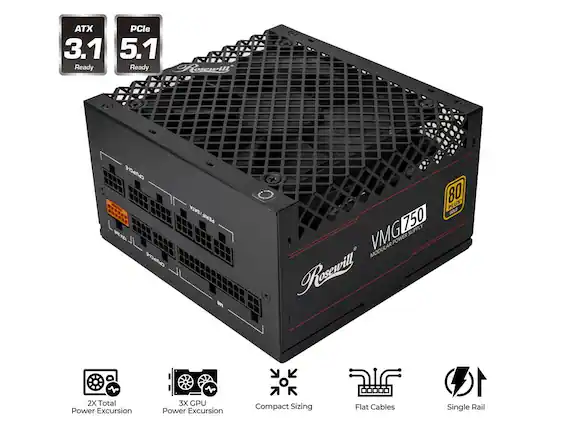 ATX 3.1 Ready
PCIe 5.1 Ready
Rosewill
VMG 750
80 PLUS GOLD
2X Total Power Excursion
3X GPU Power Excursion
Compact Sizing
Flat Cables
Single Rail
