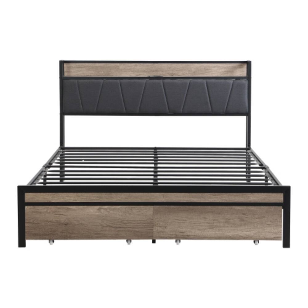 Back. LUCKY ONE - Queen Size Platform Bed Frame with Wooden Headboard and Footboard, Heavy Duty Steel, No Box Spring Needed, 13in Storage - Black+Grey.