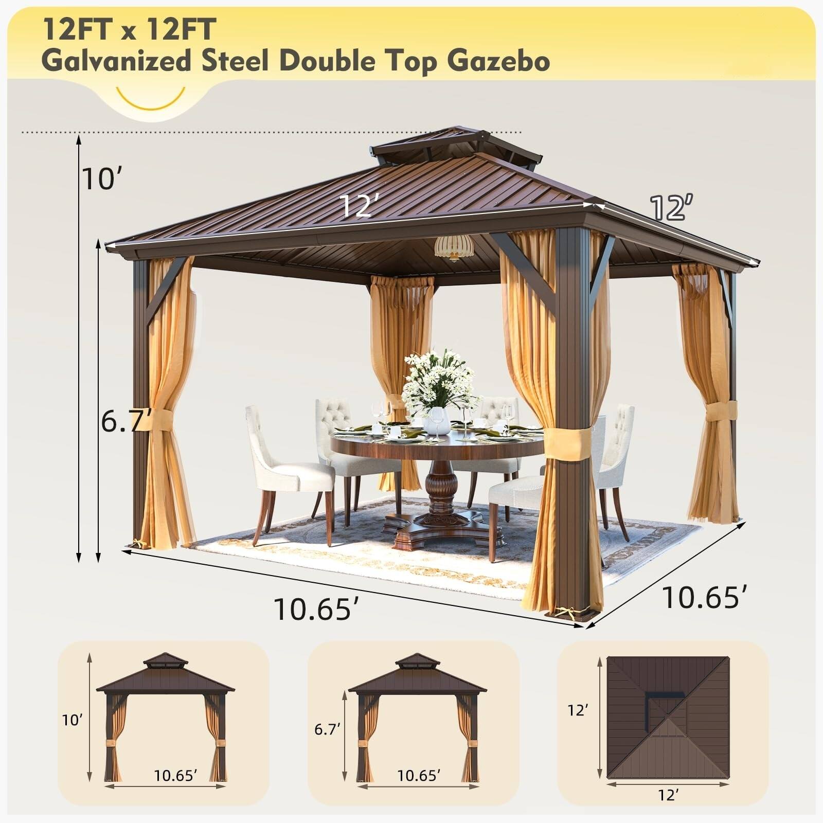 12FT x 12FT Galvanized Steel Double Top Gazebo

- 10' (height)
- 12' (roof overhang)
- 6.7' (side height)
- 10.65' (width)
- 10.65' (depth)
- 12' (roof length)