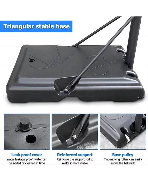 - Triangular stable base

- Leak proof cover
  Water leakage proof, water can be added or cleaned in time

- Reinforced support
  Reinforce the support rod to make it more stable

- Base pulley
  Two moving rollers can easily move the ball rack
