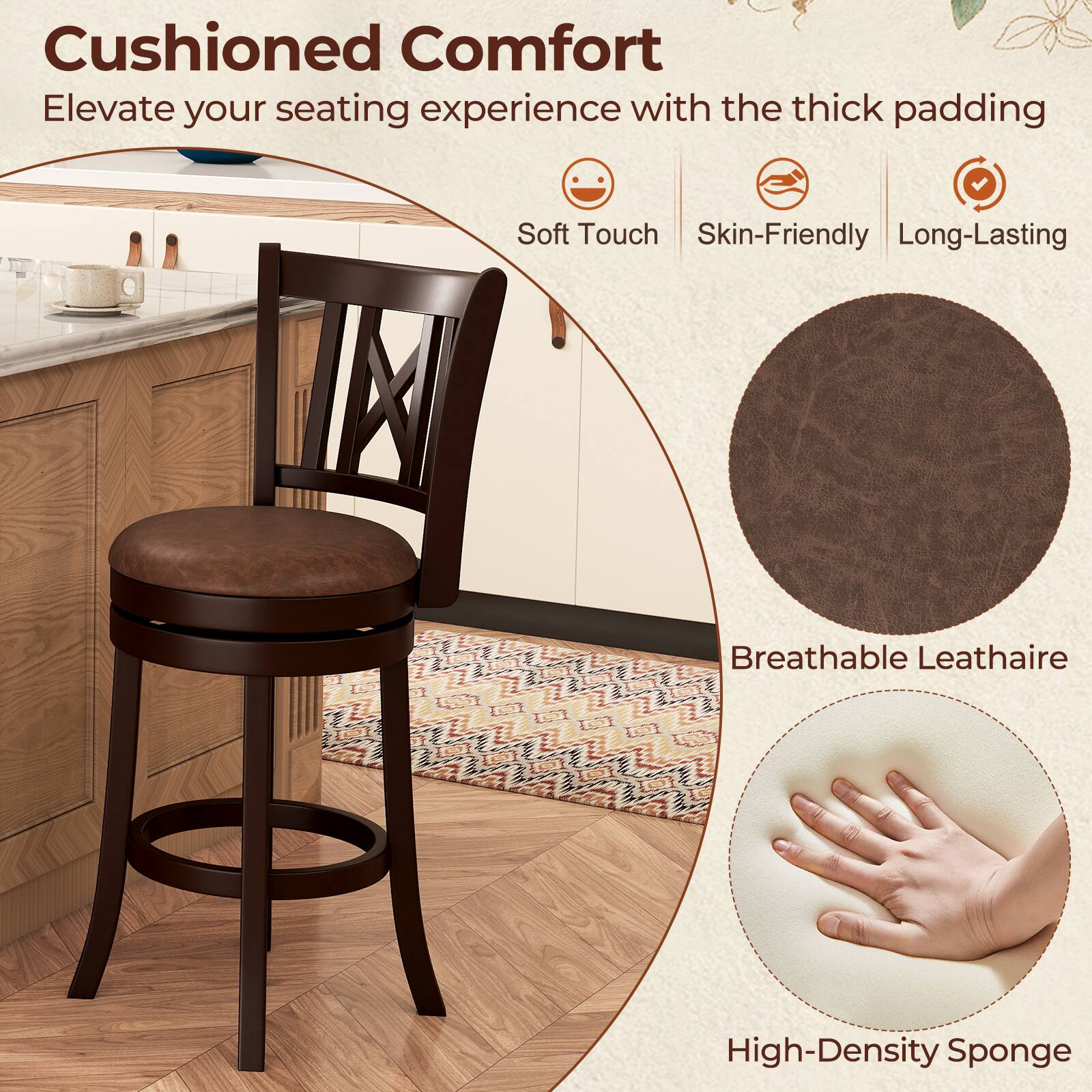 Cushioned Comfort: Elevate your seating experience with the thick padding.

- Soft Touch
- Skin-Friendly
- Long-Lasting
- Breathable Leather
- High-Density Sponge