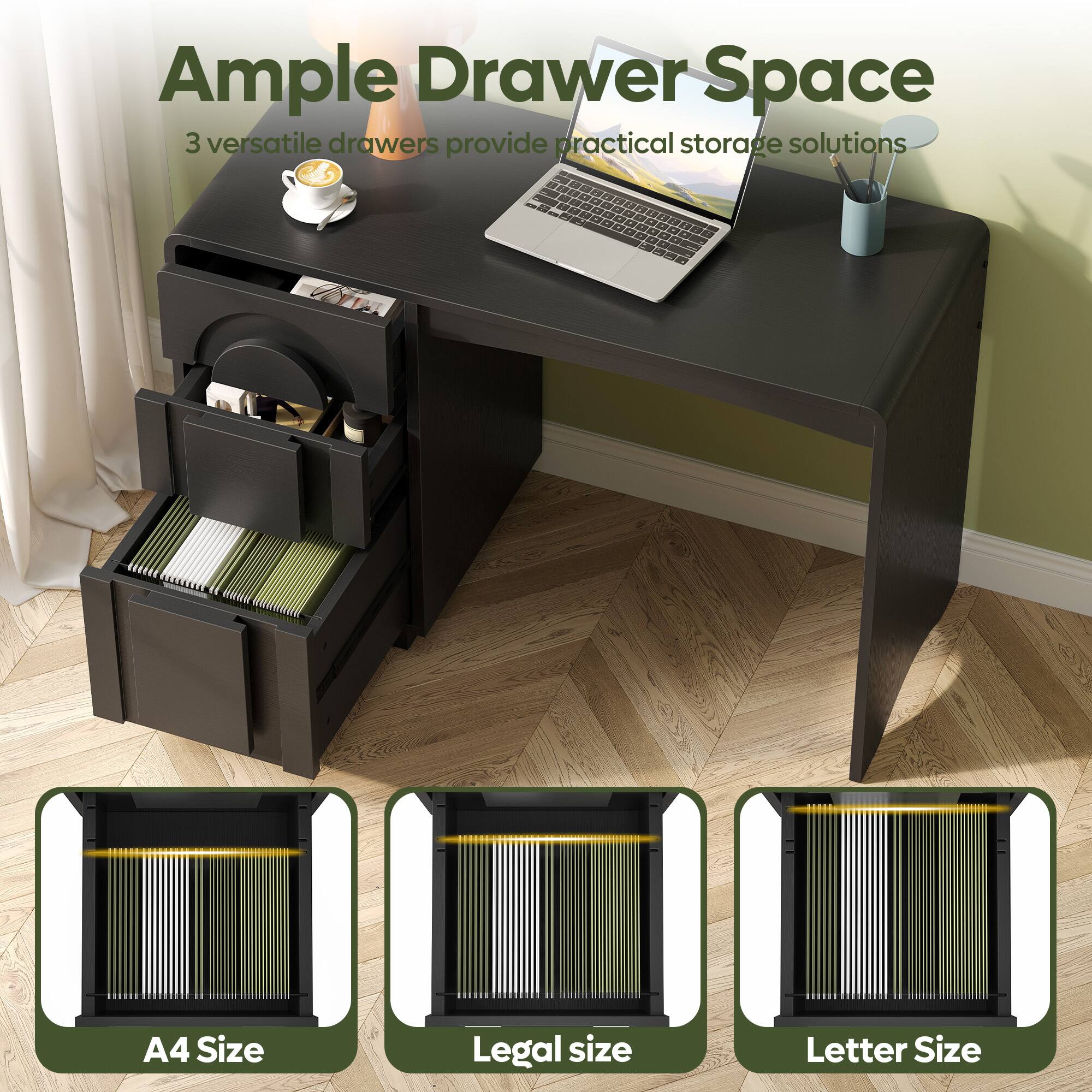 Ample Drawer Space  
3 versatile drawers provide practical storage solutions  

A4 Size  
Legal size  
Letter Size