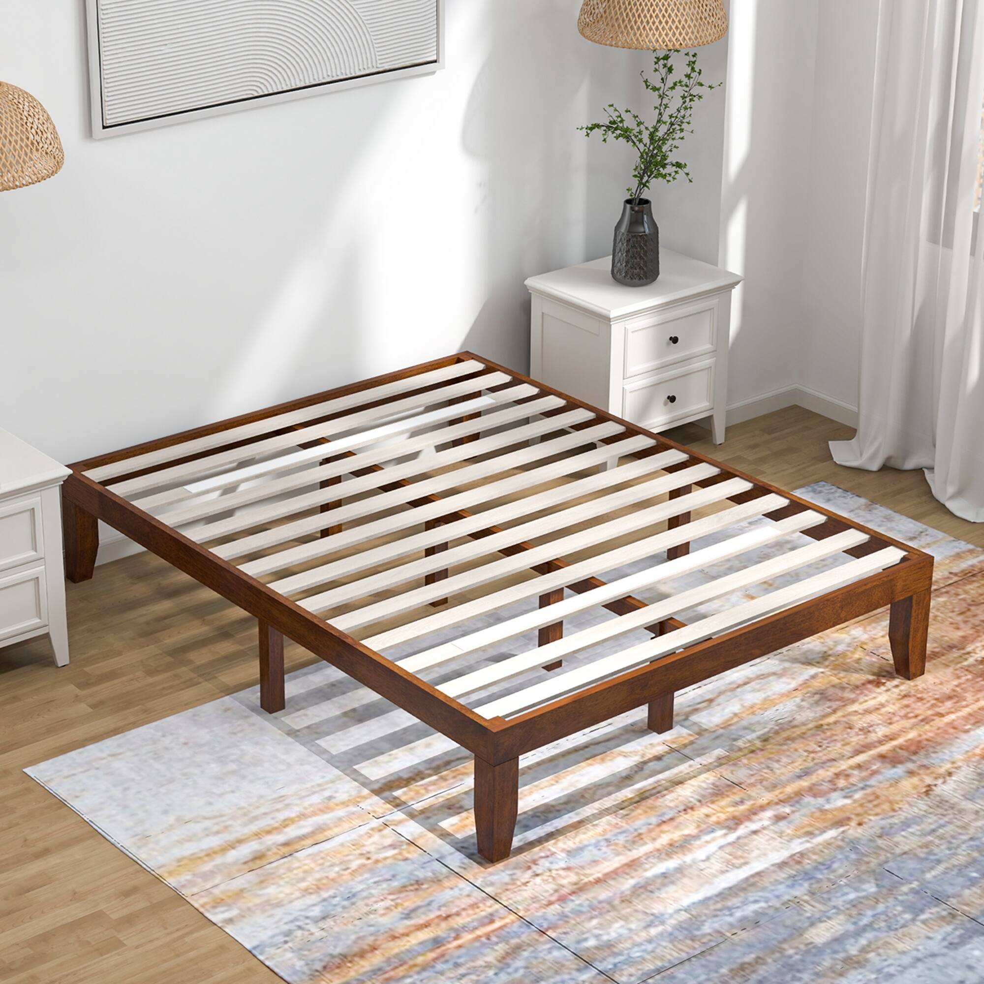 Alt View 5. Costway - Costway Queen Wooden Platform Bed 14" Slats Support Mattress Foundation - Brown Cherry.