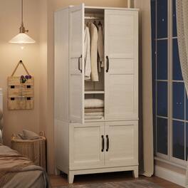 GARVEE - 72" Wooden Armoire Wardrobe Closet with 4 Doors Freestanding Cabinet with Hanging Rod for Bedroom - White