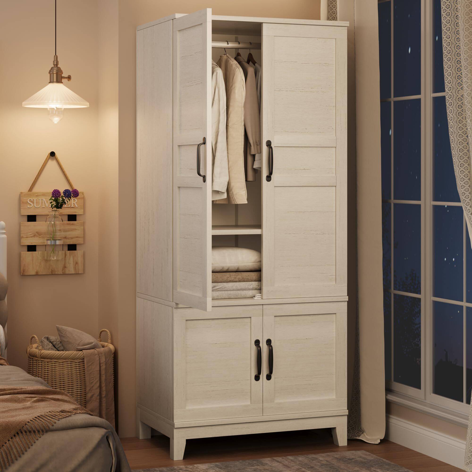 Front. GARVEE - 72" Wooden Armoire Wardrobe Closet with 4 Doors Freestanding Cabinet with Hanging Rod for Bedroom White - White.