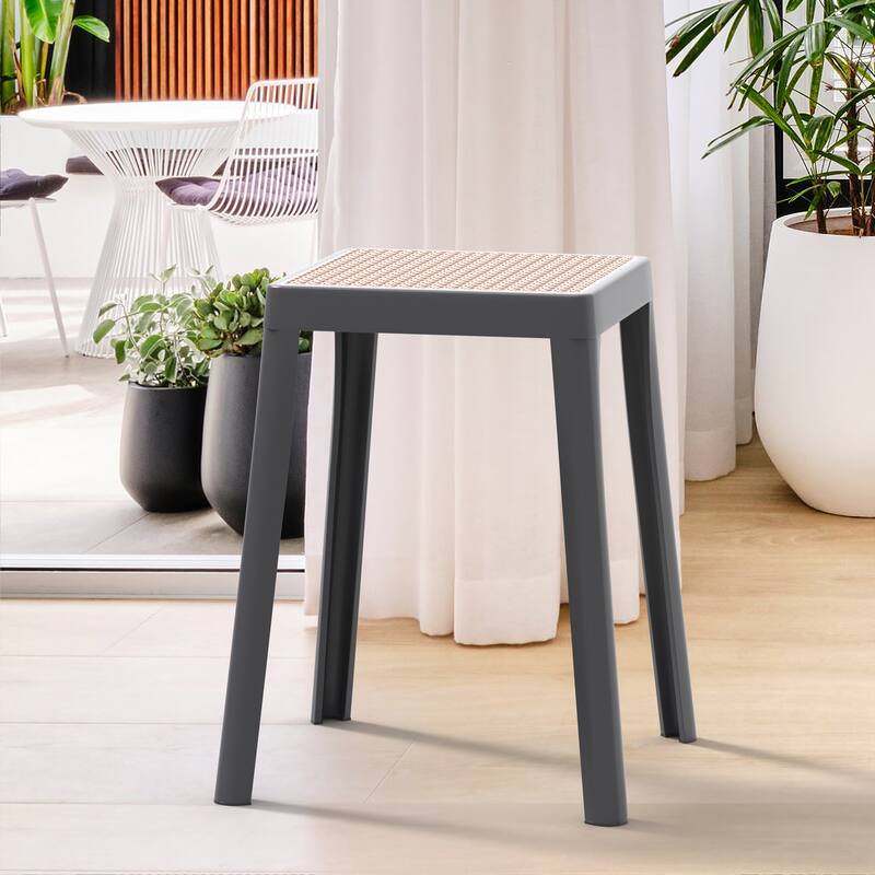 Left. LeisureMod - Tresse Stackable Poly Stool with Wicker Top, Modern Outdoor Counter Height Patio Barstool - Grey.