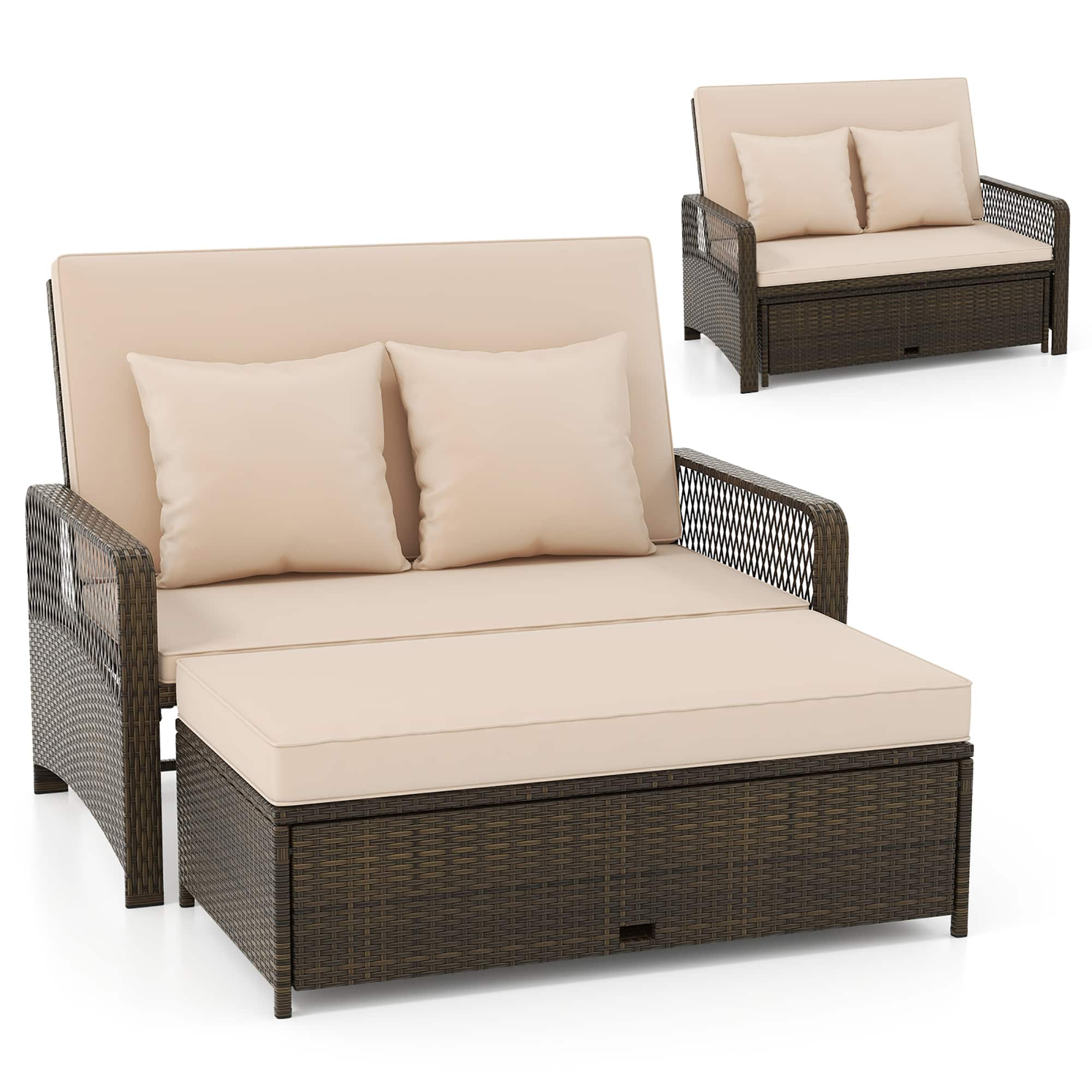 Gymax - Patio Rattan Daybed Wicker Loveseat Sofa w/ Multifunctional Ottoman - Beige