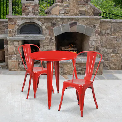 Front. Emma + Oliver - Commercial Grade 30" Round Metal Indoor-Outdoor Table Set with 2 Cafe Chairs - Red.