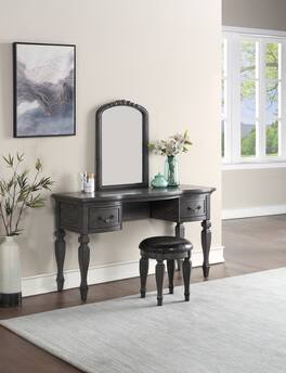 APRILSOUL - Bedroom Classic Vanity Set Wooden Carved Mirror Stool Drawers Antique Grey Finish - Gray