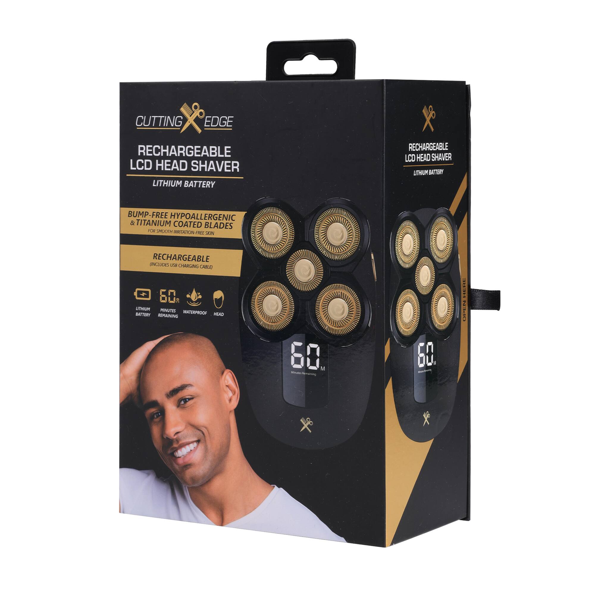 CUTTING EDGE RECHARGEABLE LCD HEAD SHAVER LITHIUM BATTERY  
BUMP-FREE HYPALLERGENIC & TITANIUM COATED BLADES  
RECHARGEABLE (INCLUDES USB CHARGING CABLE)  
60 MINUTES WATERPROOF  
LCD