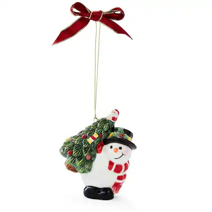 Front. Spode - Spode Christmas Tree Collection Snowman Carrying Tree Ornament - Multicolored.