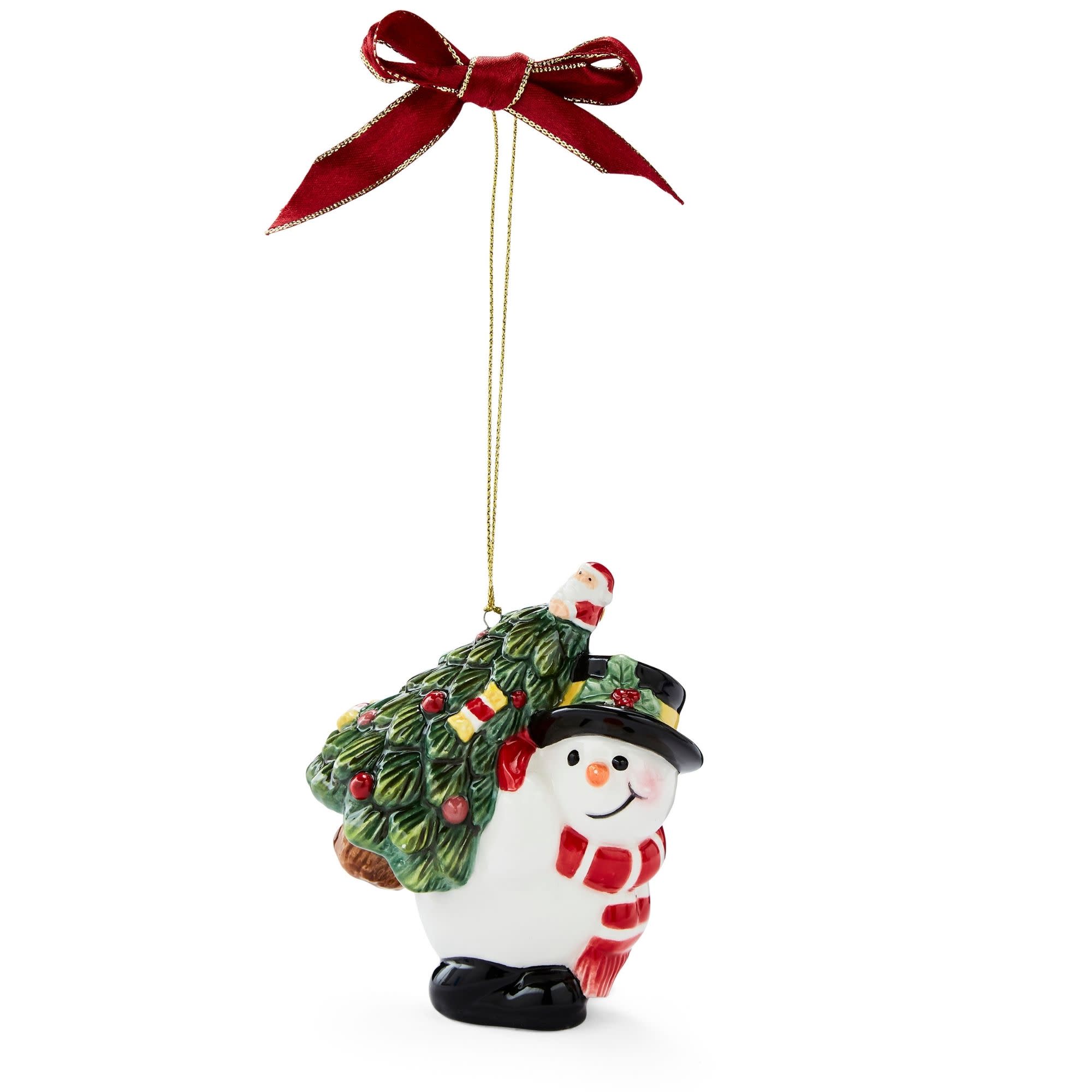 Front. Spode - Spode Christmas Tree Collection Snowman Carrying Tree Ornament - Multicolored.