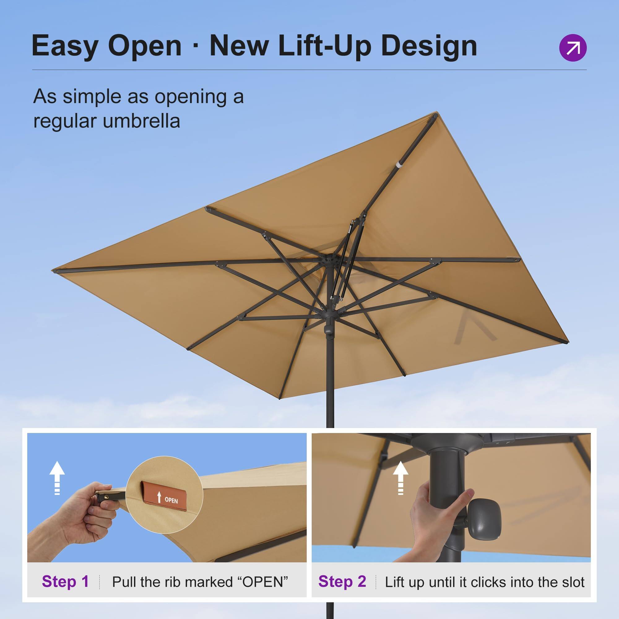 Easy Open • New Lift-Up Design

As simple as opening a regular umbrella

Step 1 | Pull the rib marked "OPEN"

Step 2 | Lift up until it clicks into the slot