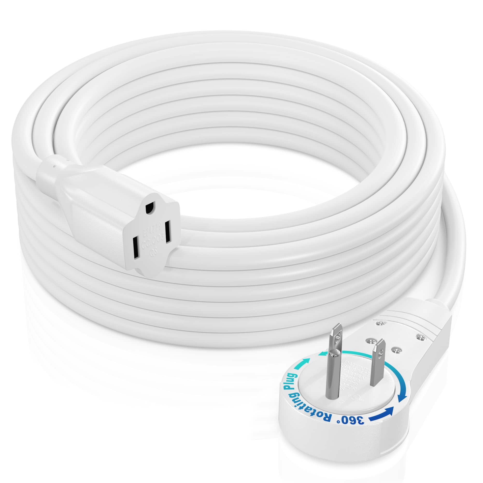 Maximm - 30 Feet 14Awg 360° Rotating Flat Plug Extension Cord / Wire, 3 Prong Grounded Wire, Heavy Duty - UL Certified - White