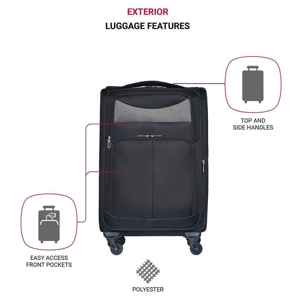 EXTERIOR LUGGAGE FEATURES

- TOP AND SIDE HANDLES
- EASY ACCESS FRONT POCKETS
- POLYESTER