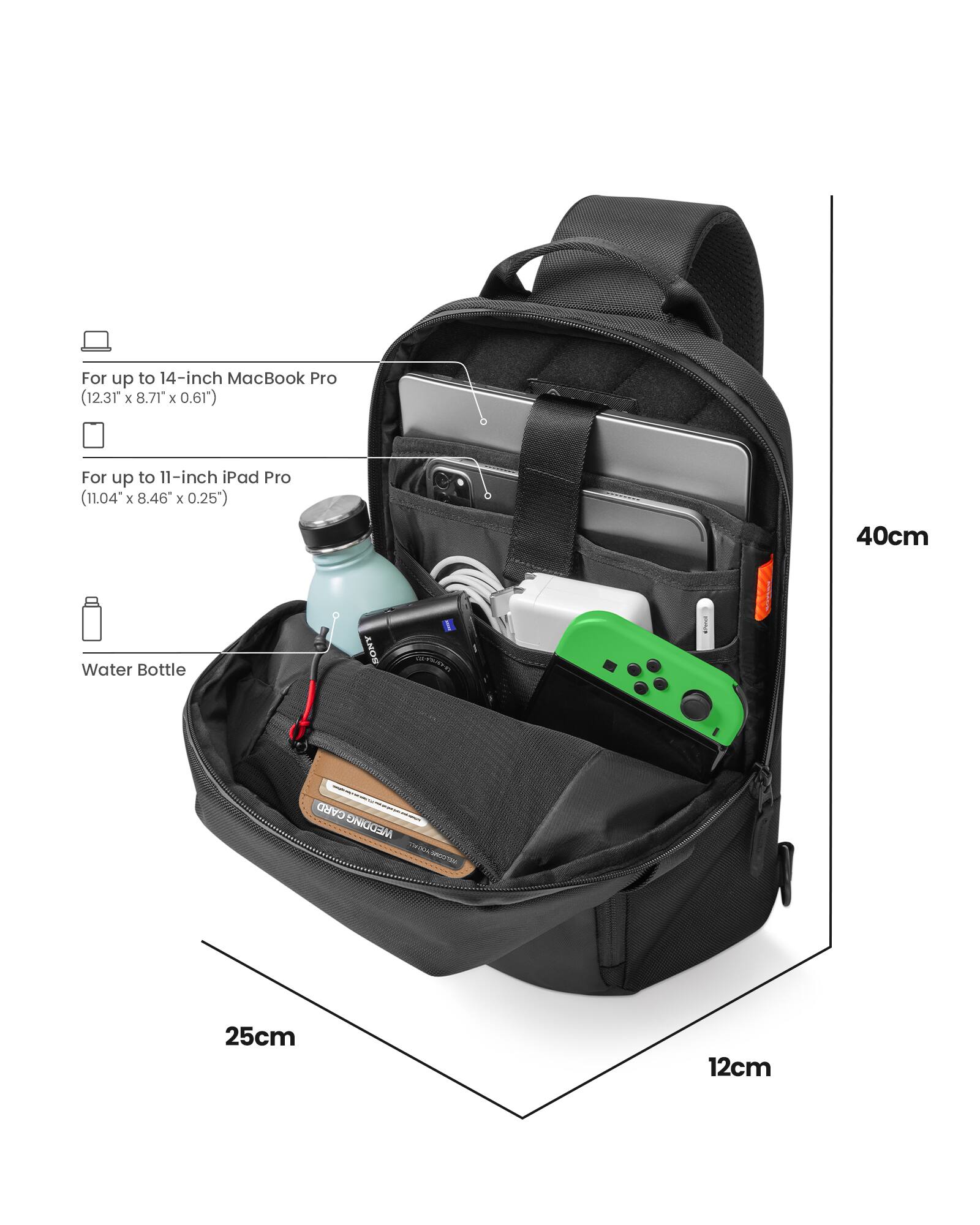 The text on the image reads: "For up to 14-inch MacBook Pro (12.31 x 8.71" x 0.61) For up to 11-inch iPad Pro (11.04" x 8.46" x 0.25) 40cm Water Bottle ANOS I Ote I CARD MEDDIMO -T 25cm 12cm."