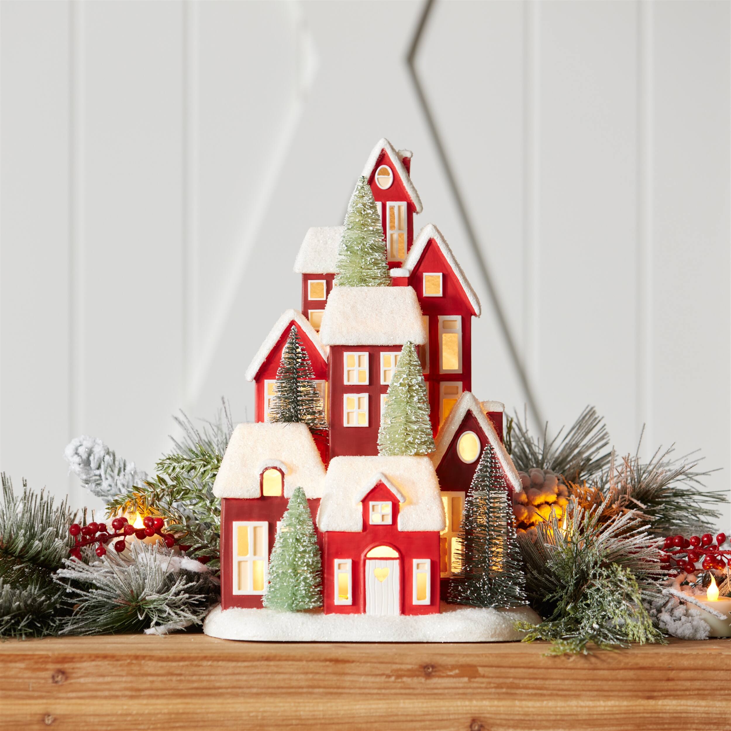 Left. BreeBe - LED Houses 13.5"H Resin - Red, White, Green.