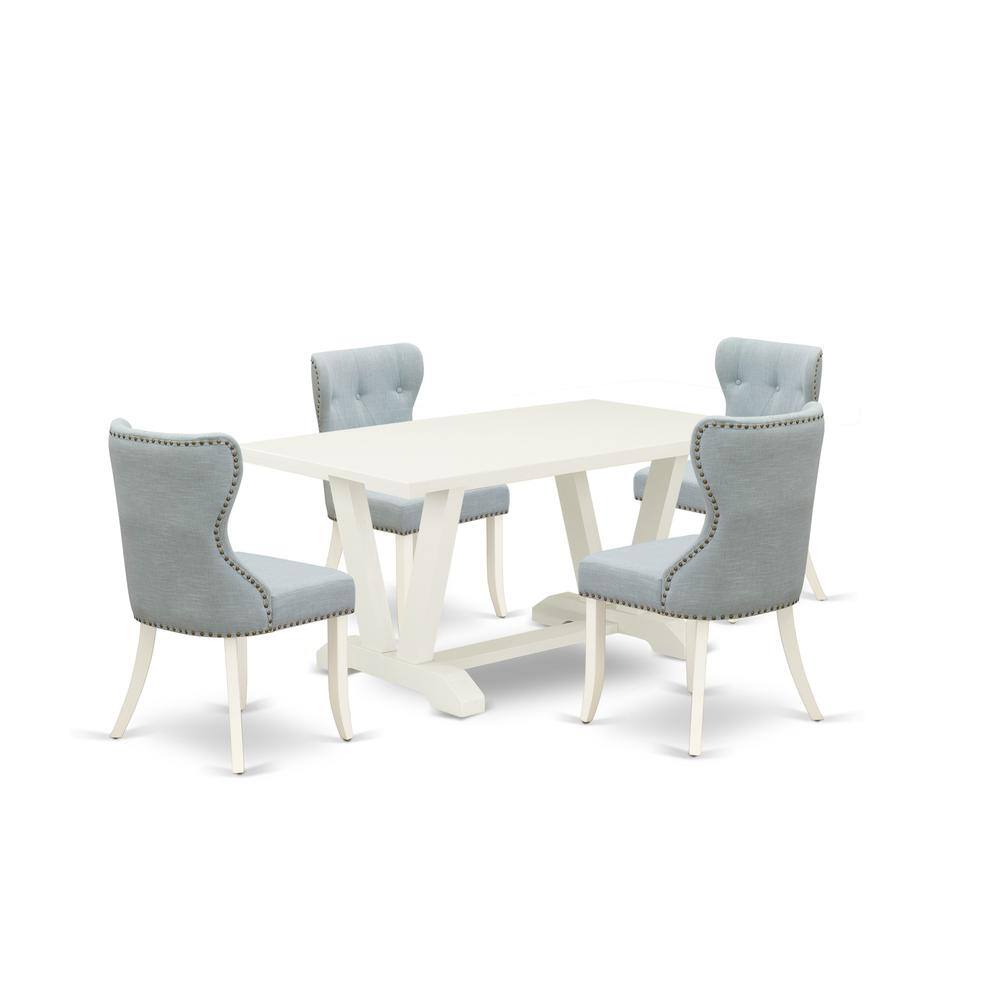 Left. East West Furniture - East West Furniture V026SI215-5 5-Piece Dining Room Table Set- 4 Parson Chairs with Baby Blue Linen Fabric Seat and - Multi-Color.