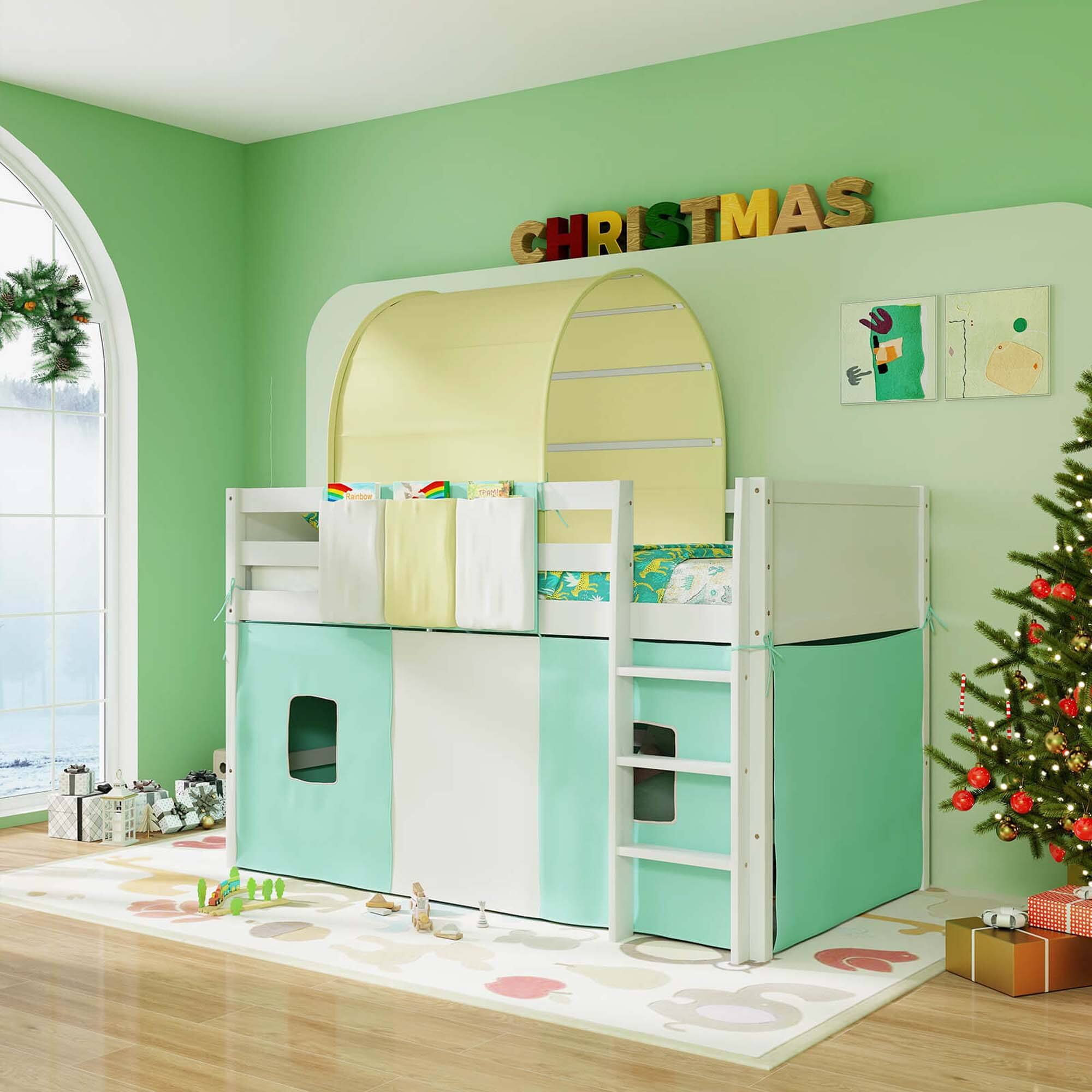 Alt View 3. Costway - Costway Twin Loft Bed with Tower & Tent 3 Storage Pockets Safety Guardrail and Ladder - Turquoise,White.