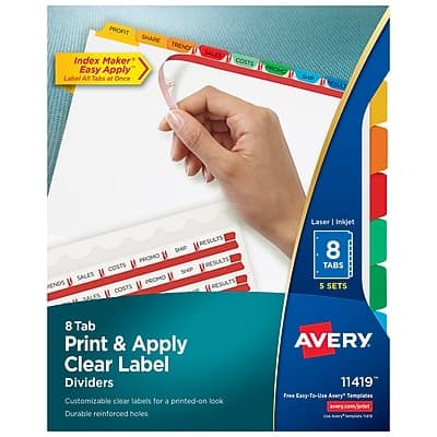 PROFIT SHARE TREND SALES Index Maker COSTS Easy Apply Label Al Tabs at Once RESULTS SHIP PROMO RESULTS COSTS SHP SALES PROMO RENOS COSTS RESULTS BALFS Laser I Inkjet 8 TABS 5 SETS 8 Tab Print & Apply Clear Label Dividers Customizable clear labels for a printed-on look Durable reinforced holes AVERY 11419 Free Easy-To-Use Avery* Templates