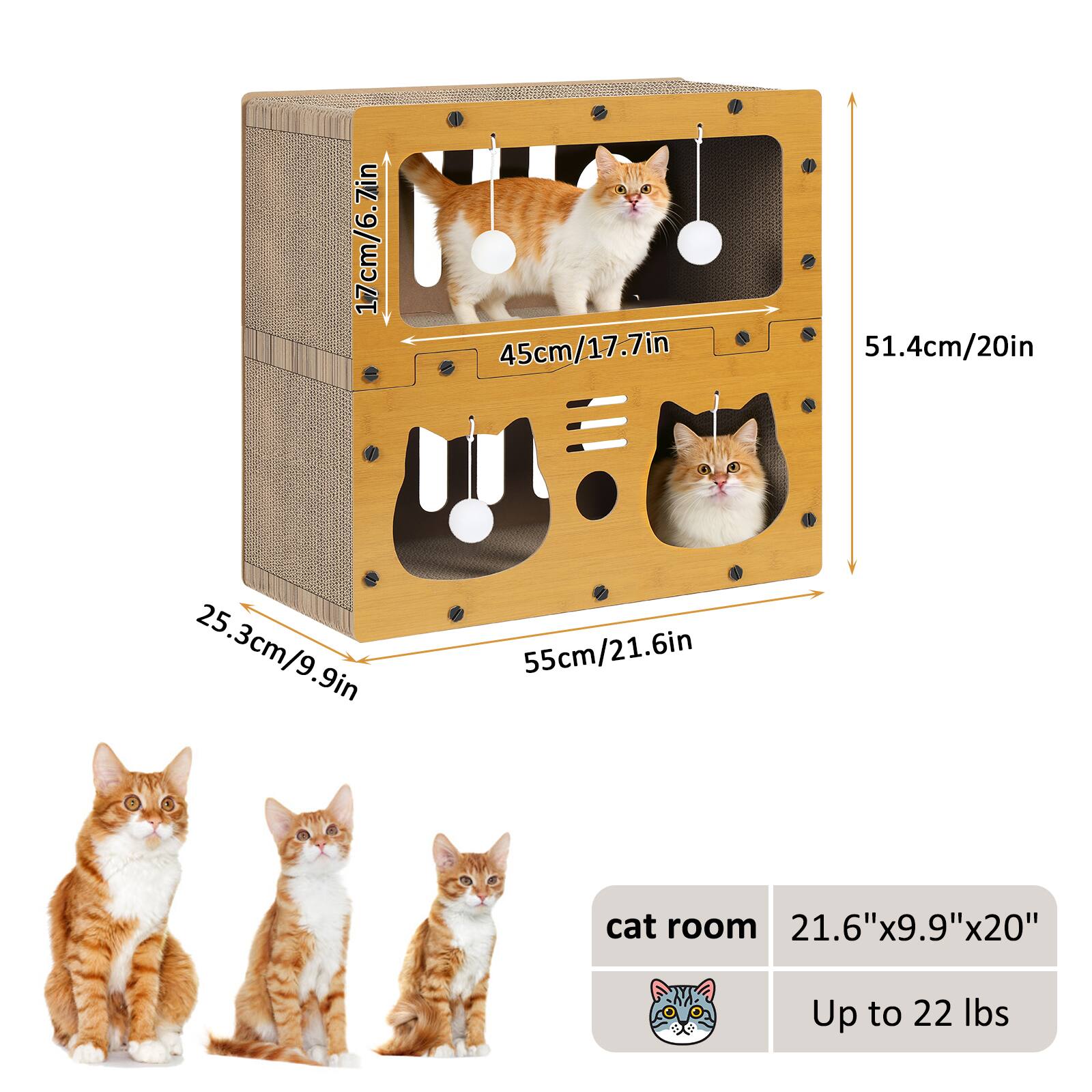 7in 17cm/6.7in 17 45cm/17.7in 51.4cm/20in 25.3cm/9.9in 55cm/21.6in cat room 21.6"x9.9"x20" Up to 22 lbs
