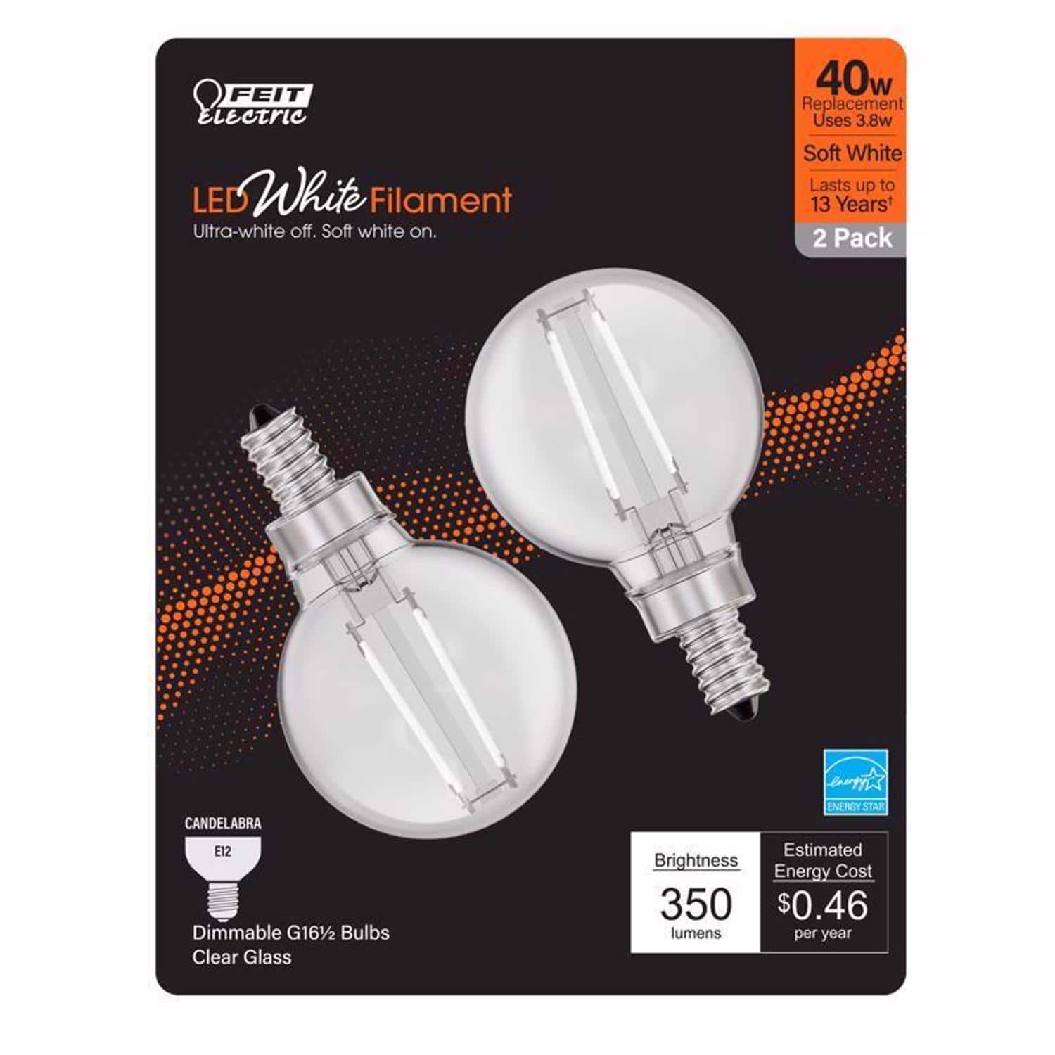 FEIT ELECTRIC - Feit White G16.5 E12 (Candelabra) Filament LED Bulb Soft White 40 Watt Equivalence 2 pk price history on PriceWatchPro