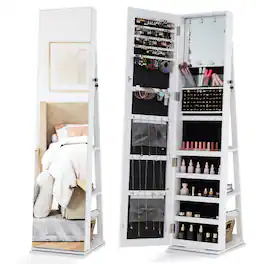 Gymax - 360 degree Swivel Jewelry Cabinet w/Full Length Mirror Back Shelves Lights for Bedroom - White