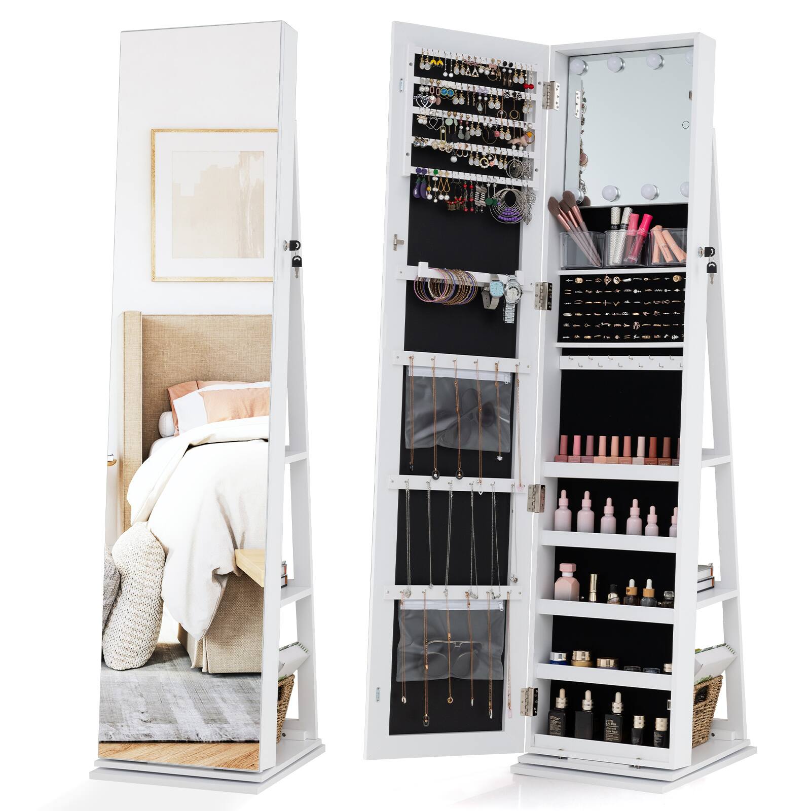 Front. Gymax - Gymax 360 degree Swivel Jewelry Cabinet w/Full Length Mirror Back Shelves Lights for Bedroom White - White.