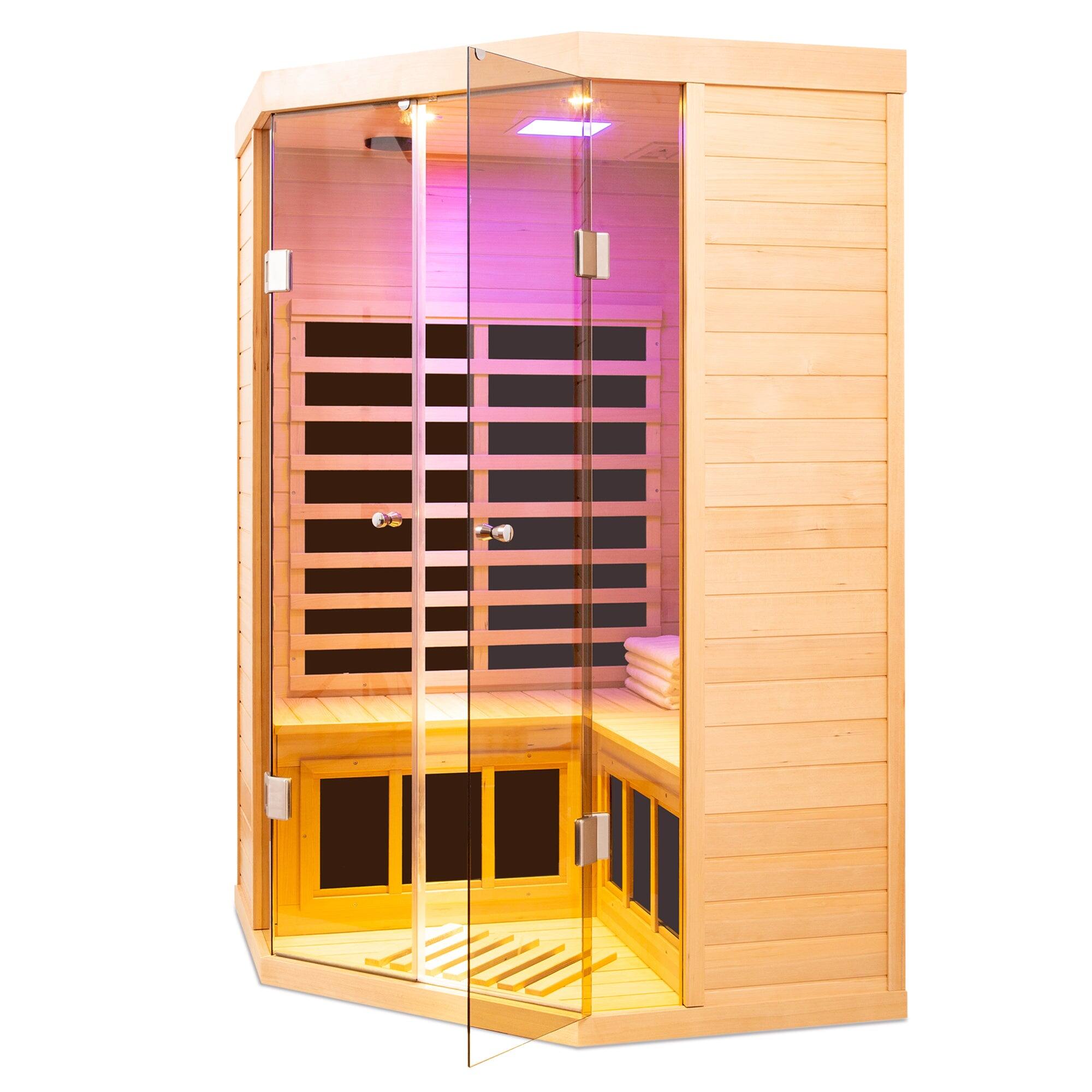 Alt View 7. Boyel Living - Two-Person Hemlock Far Infrared Corner Sauna with Bluetooth and LED Lights - Natural.