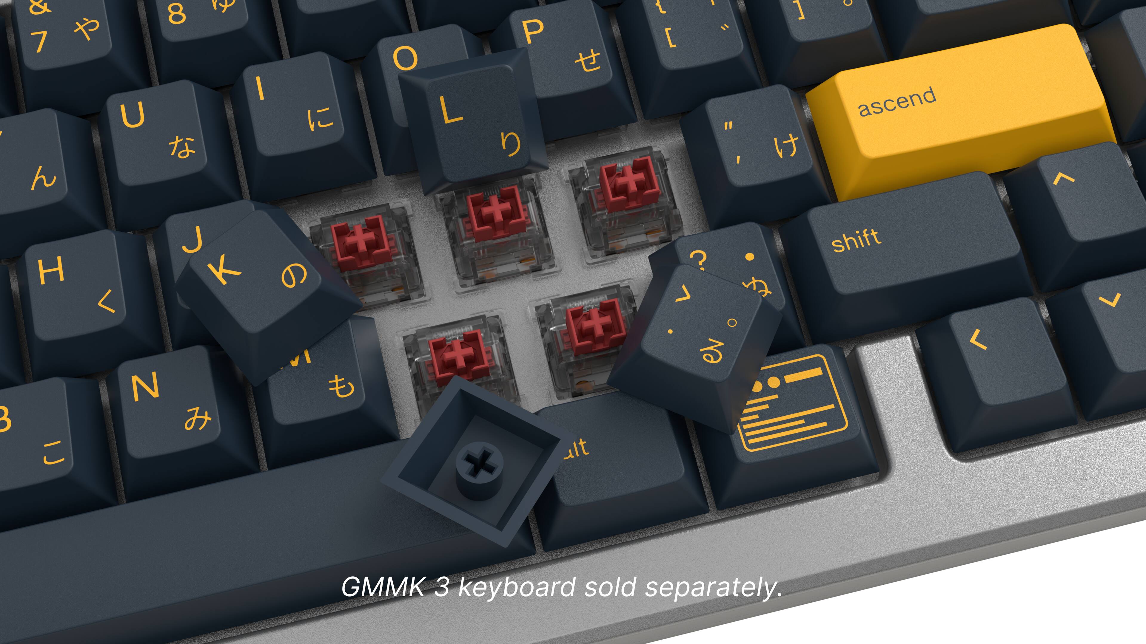 The text on the image reads: "& 8  7  I U  :   J H K   N  3   P O  L  nohnotcrb    + lt 1 C t ] "t [ ascend "  shift ? 7 x  GMMK 3 keyboard sold separately."