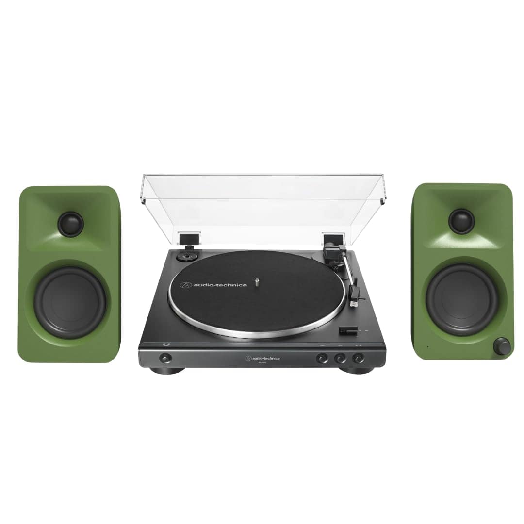Kanto - ORAME 100W Powered Reference Desktop Computer Speakers (Moss) with 60X-BK Fully Belt-Drive Turntable - Bundle - Green