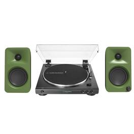 Kanto - ORAME 100W Powered Reference Desktop Computer Speakers (Moss) with 60X-BK Fully Belt-Drive Turntable - Bundle - Green