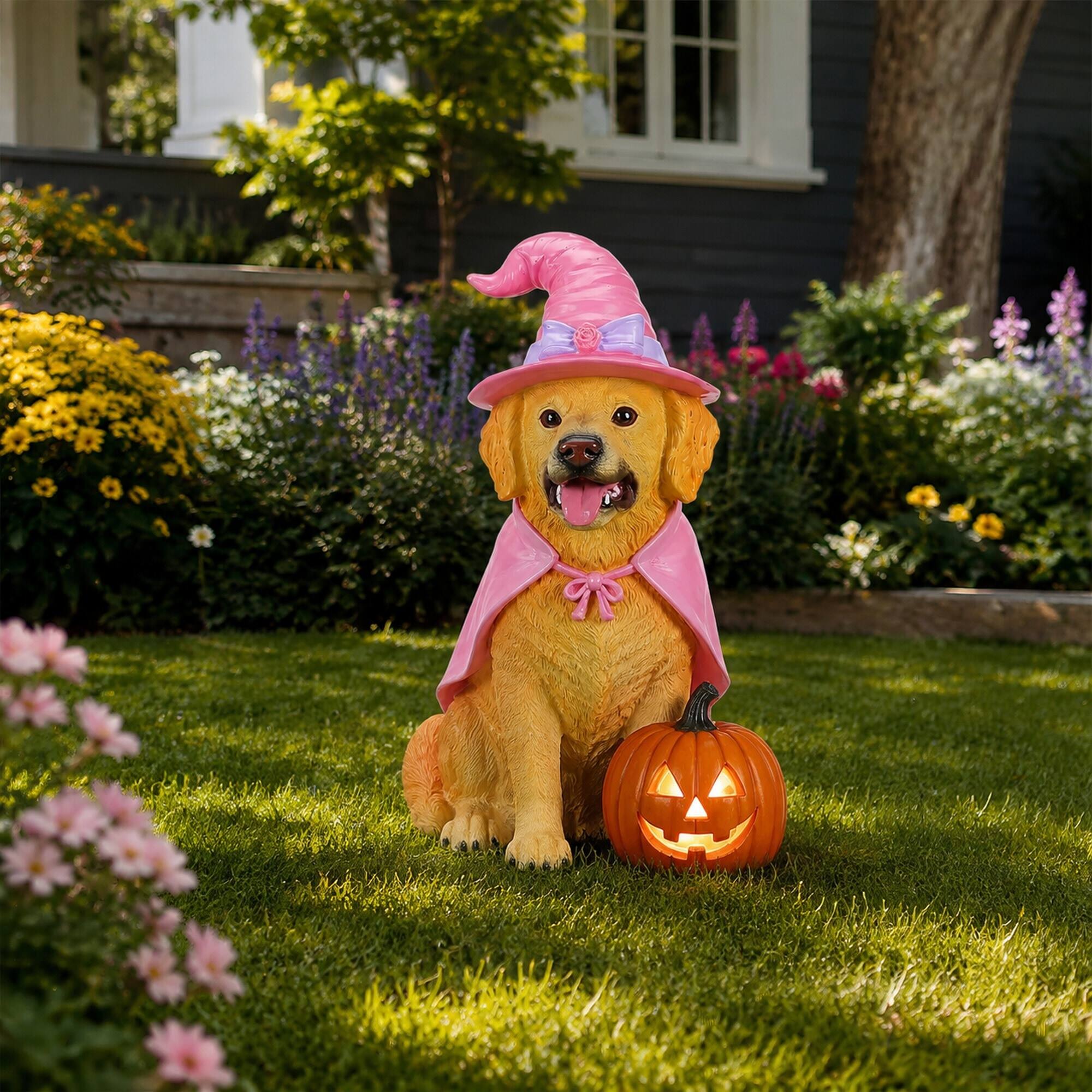 Alt View 2. RYHNUYNE - Halloween Golden Retriever Dog Statue with Pink Witch Hat and Cape, Large Lighted Jack-O-Lantern Pumpkin - Brown.
