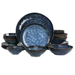 Elama - Lucca 20 Piece Round Stoneware Triple Bowl Dinnerware Set in Reactive Glaze - Blue