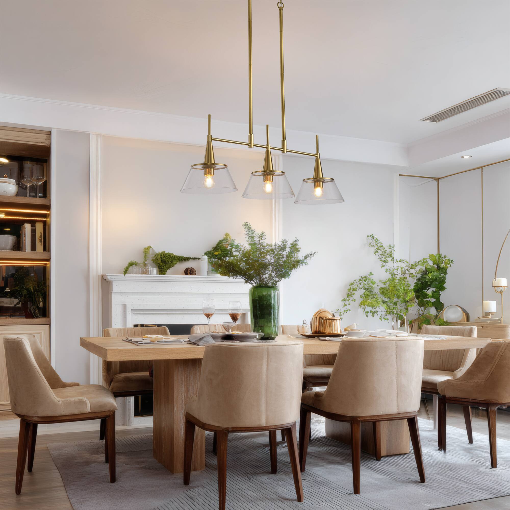 Angle. RYHNUYNE - 3-Light Brass Kitchen Island Pendant 34 Inch Modern Linear Chandelier with Clear Seed Glass Shades.