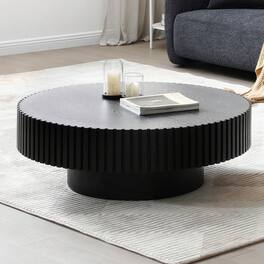 Trinkets Crazed - 31.49" Round Coffee Table Wood, Circle Coffee Table,Drum Fluted Coffee Accent End Side Center Table - Black