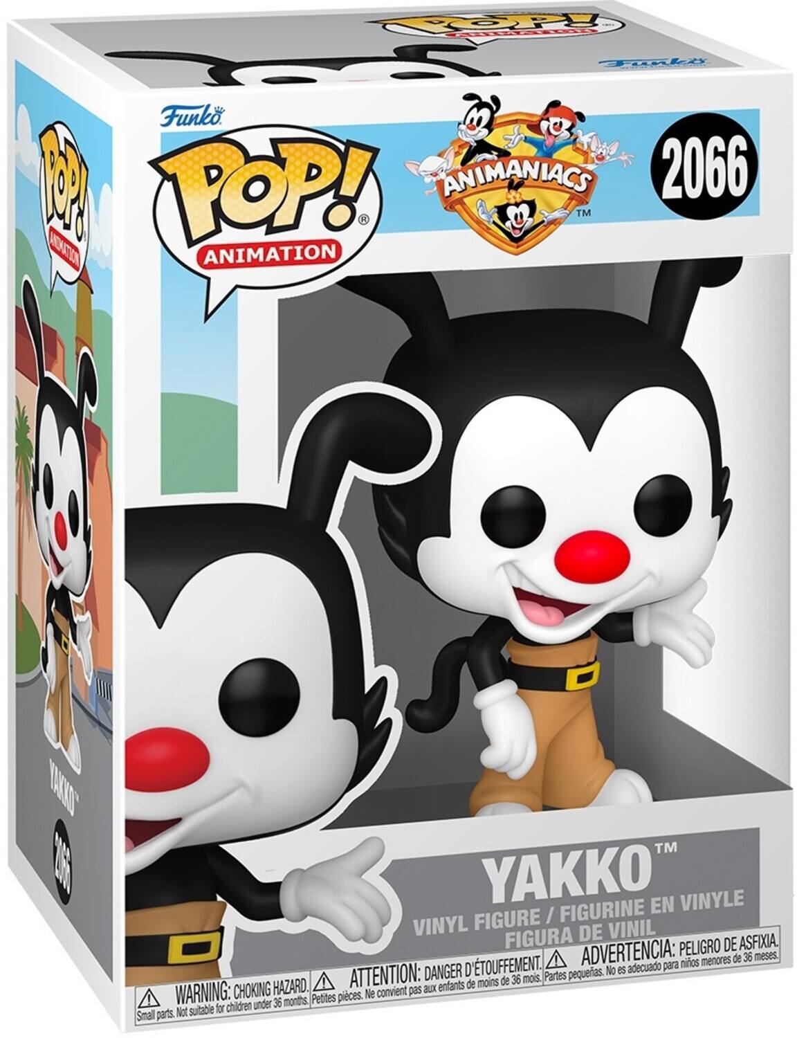Sure, here is the corrected and grouped text from the image:

---

**Top Left:**
- POP! ANIMATION

**Top Center:**
- Funko POP! ANIMATION
- ANIMANIACS 2066

**Top Right:**
- 2066

**Center:**
- YAKKO™

**Bottom:**
- VINYL FIGURE / FIGURINE EN VINYLE / FIGURA DE VINIL
- WARNING: CHOKING HAZARD. Small parts. Not suitable for children under 36 months.
- ATTENTION: DANGER DE TETOUFEMENT. Petites pièces. Ne convient pas aux enfants de moins de 36 mois.
- ADVERTENCIA: PESEGO DE ASFIXIA. Partes pequeñas. No es adecuado para niños menores de 36 meses.

**Bottom Left:**
- YAKKO™

**Bottom Right:**
- Funko

---