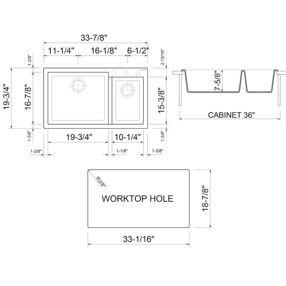 Here is the corrected and grouped text from the image:

- **CABINET 36"**
  - 19-3/4"
  - 1-3/8"
  - 16-7/8"
  - 1-3/8"
  - 33-7/8"
  - 11-1/4"
  - 16-1/8"
  - 6-1/2"
  - 19-3/4"
  - 10-1/4"
  - 2-15/16"
  - 15-3/8"
  - 1-3/8"
  - 7-5/8"
  - 1-3/8"
  - 1-1/8"
  - 1-3/8"
  - R3/8"

- **WORKTOP HOLE**
  - 33-1/16"
  - 18-7/8"