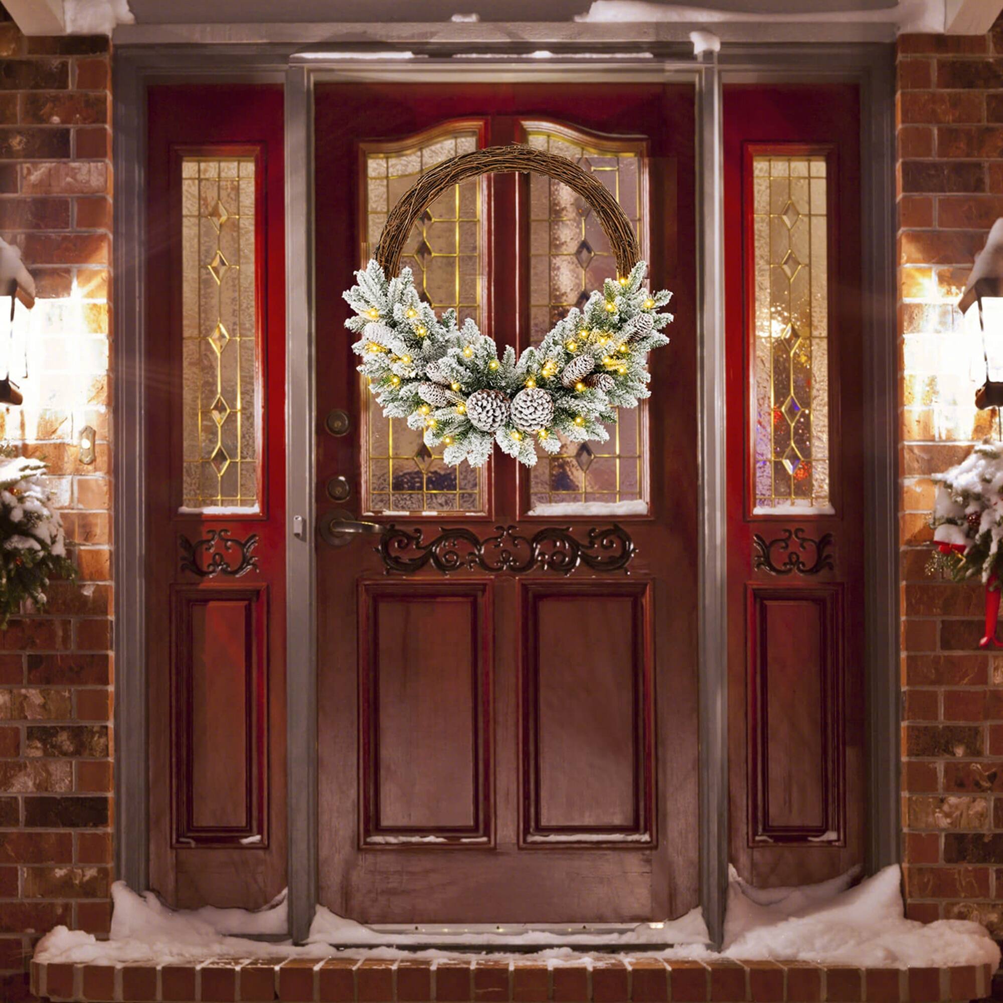 Alt View 3. Costway - Costway 2 PCS 24" Christmas Wreath with 65 Branch Tips 8 Natural Pine Cones 6 Lighting Modes - Multicolor.