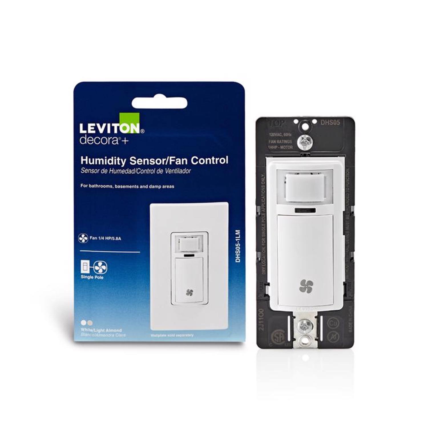 LEVITON decora+ Humidity Sensor/Fan Control  
Sensor de Humedad/Control de Ventilador  
For bathrooms, basements and damp areas  
Fan 1/4 HP/5.8A  
Single Pole  
DHS05-1LM White/Light Almond  
Almendra Clare  
2J1100 SP