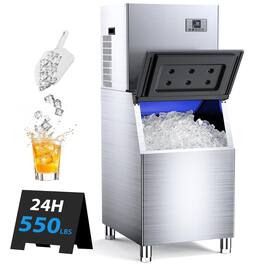 Mirfee - 580Lb/Day Commercial Ice Maker, 360Lb Storage, Stainless Steel w/ Water Hookup & Adjustable Ice Thickness - Silver