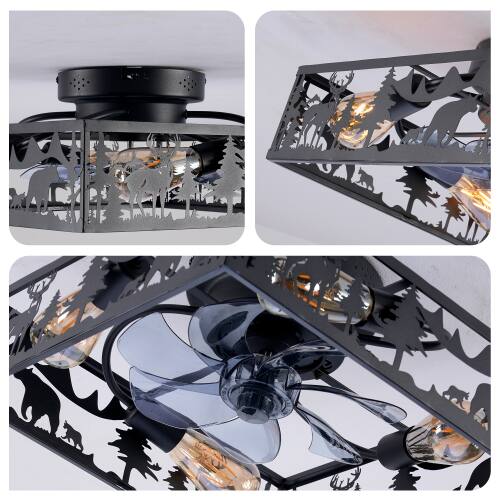 Alt View 6. LUCKY ONE - 20" Square Flush Mount Ceiling Fan with Light Remote 6-Speed DC Motor - Matte Black.