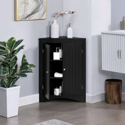 Front. Kadyn - Corner cabinet with Doors and Shelves, Free Standing Storage Cabinet for Kitchen, Living Room, Black - Black.
