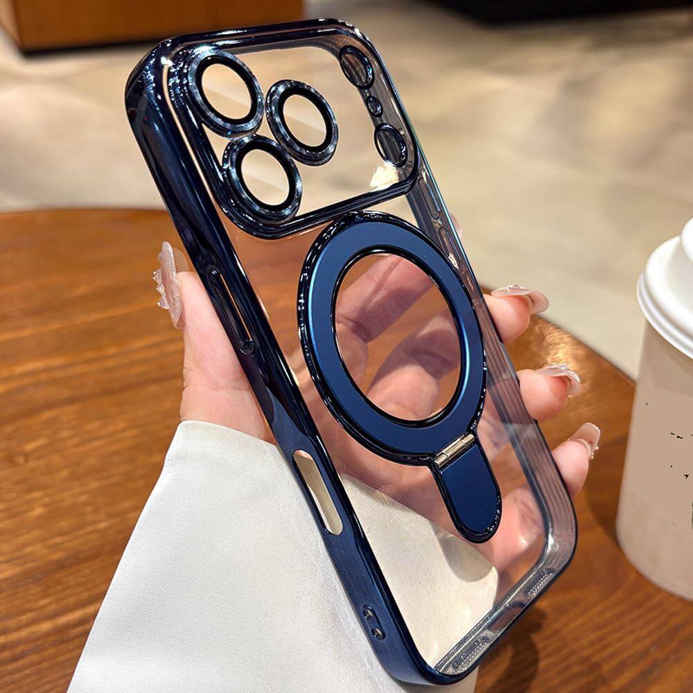 Angle. Dteck - Magnetic Ring Stand Case for iPhone 17 Pro Max, Compatible with MagSafe, Clear Back Phone Cover Full Camera Lens Cover - Blue.